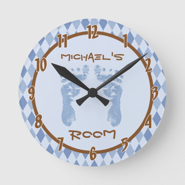 Blue Argyle Diamond Baby Feet Personalised Clock (Front)