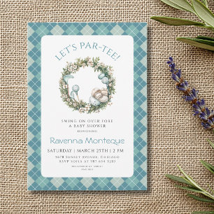 Blue Argyle Golf Floral Wreath Baby Shower Invitation