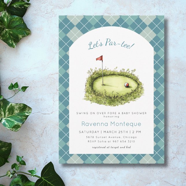 Blue Argyle Golf Hole Lets Par Tee Baby Shower Invitation (Creator Uploaded)