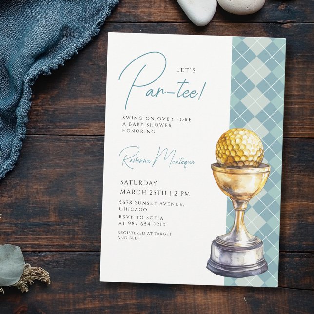 Blue Argyle Golf Trophy Lets Par-Tee Baby Shower Invitation (Creator Uploaded)