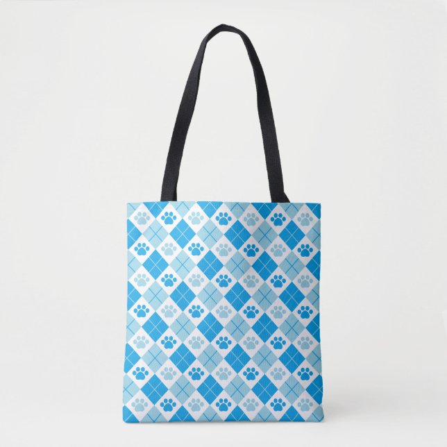 Blue Argyle Paw Print Pattern Tote Bag (Front)