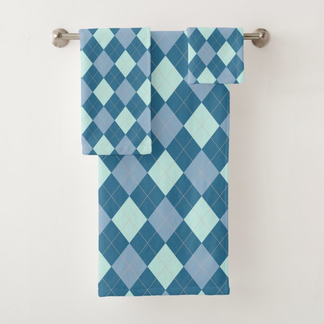 Blue Argyle Vintage Pattern Bath Towel Set (Insitu)