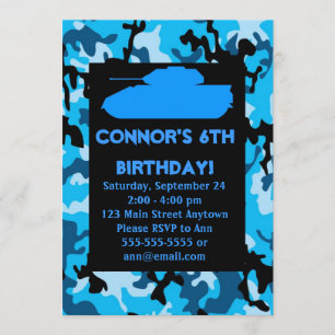Blue Army Camouflage Birthday Party Invitations