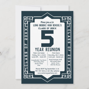 Blue Art Deco 5 Year High School Class Reunion  Invitation