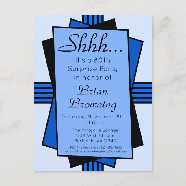 Blue Art Deco 80th Surprise Party Birthday Invitation Postcard (Front)
