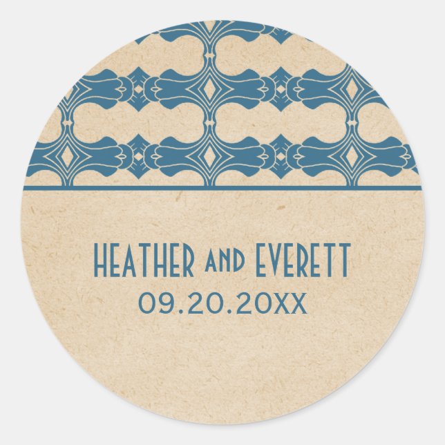Blue Art Deco Border Wedding Stickers (Front)