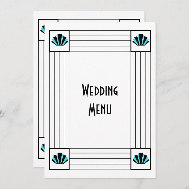Blue Art Deco Design Wedding Menu (Front/Back)