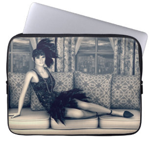 Blue Art Deco Flapper Woman Vintage Art Laptop Sleeve
