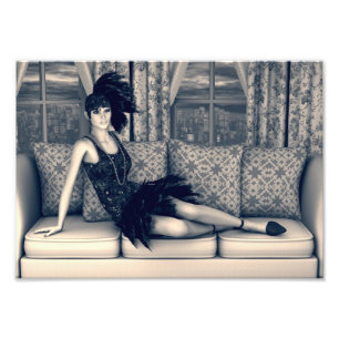 Blue Art Deco Flapper Woman Vintage Art Photo Print