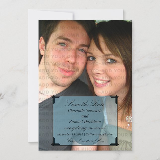 Blue Art Deco Frame Save the Date Invite (Front)