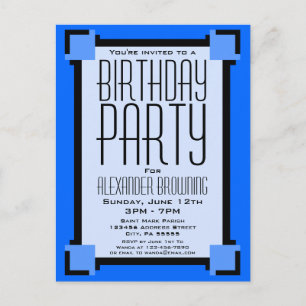 Blue Art Deco Geometric Birthday Invite Postcard