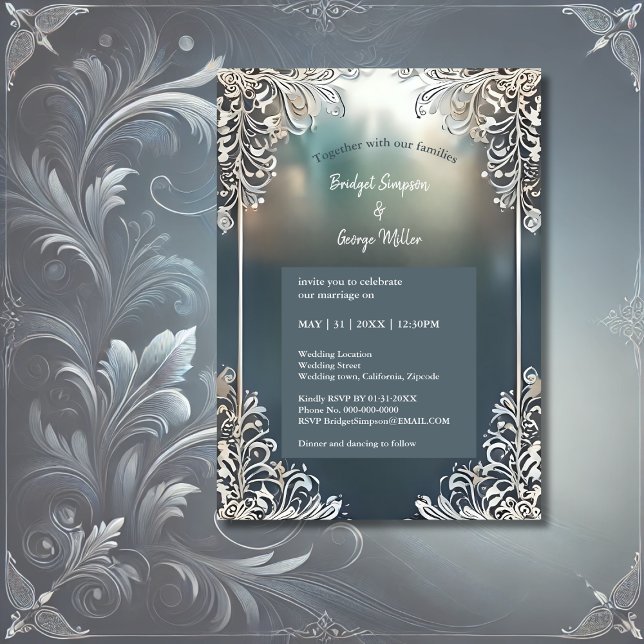 blue art deco ornate frame wedding invite (Creator Uploaded)