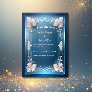 blue art deco ornate frame wedding safe the date invitation