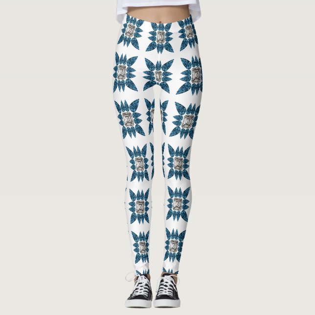 Blue Art Deco Pattern Leggings (Front)