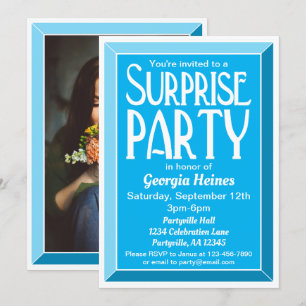 Blue Art Deco Photo Birthday Surprise Party Invitation