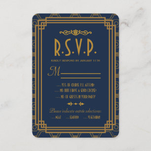 Blue Art Deco Wedding RSVP Cards