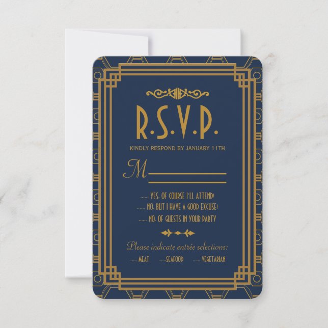 Blue Art Deco Wedding RSVP Cards (Front)