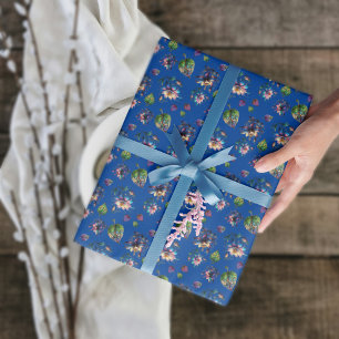 Blue Art Nouveau Stained Glass Columbine Flowers Wrapping Paper