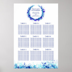 Blue art wedding seating table planner 1-9 tables poster