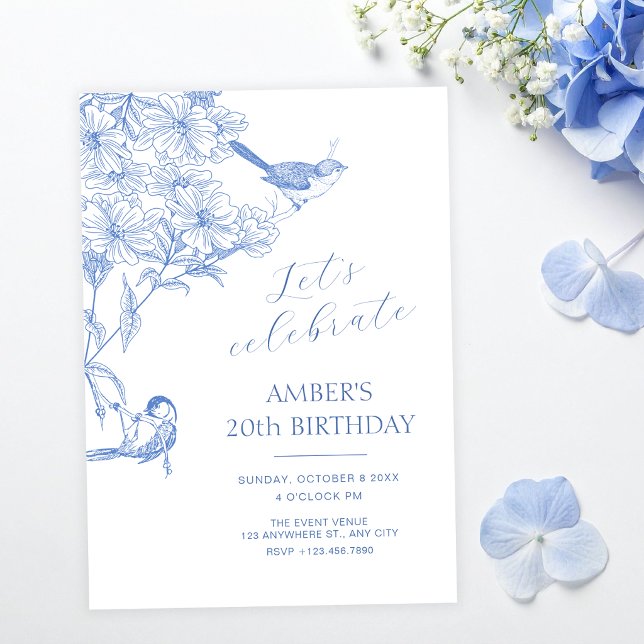 Blue artistic botanical bird birthday invitation (Creator Uploaded)