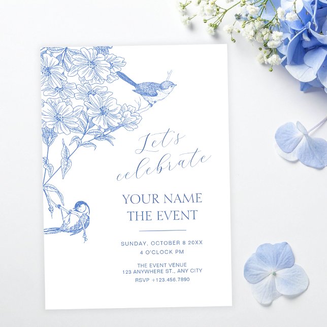 Blue artistic botanical bird  invitation (Creator Uploaded)