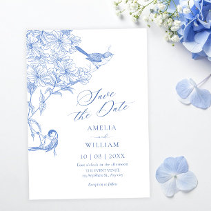 Blue artistic botanical bird save the date
