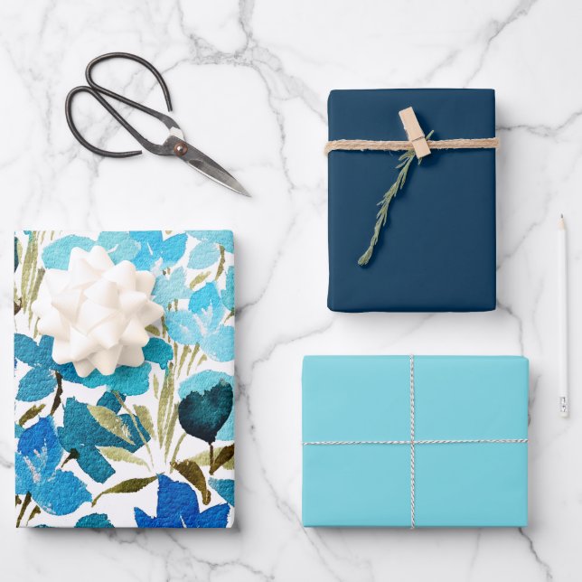 Blue Artistic Wildflowers Watercolor Pattern Wrapping Paper Sheet (Front)