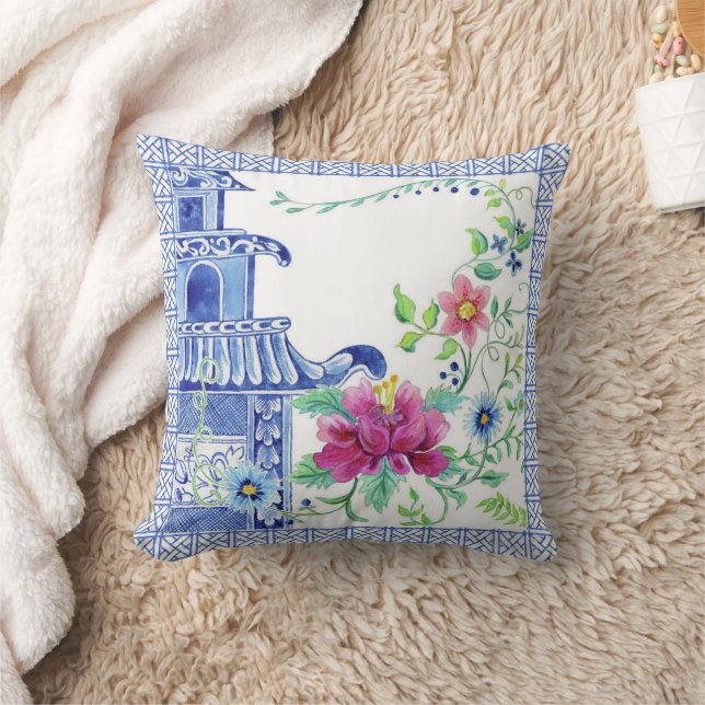Blue Asian Influence Chinoiserie Floral Pagoda Cushion (Blanket)