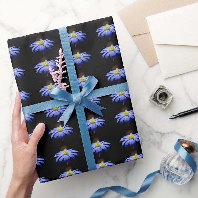Blue Aster on Black Background Wrapping Paper (Gifting)
