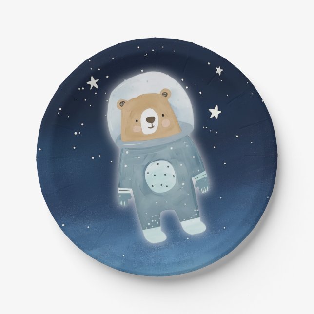 Blue Astronaut Bear Space Baby Shower Paper Plate (Front)