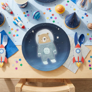 Blue Astronaut Bear Space Baby Shower Paper Plate