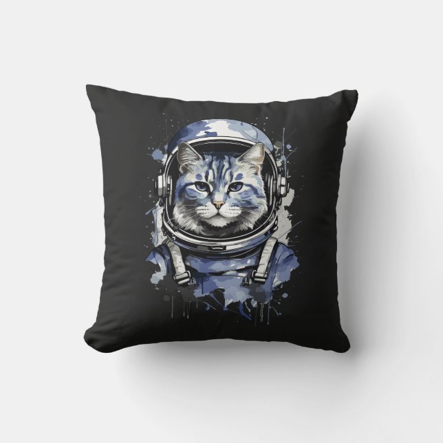 Blue Astronaut Cat Splash Design Cushion (Front)