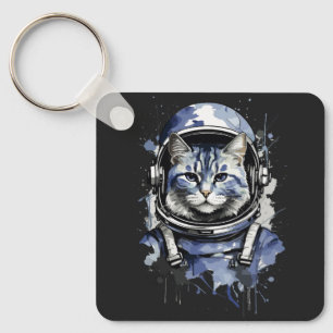 Blue Astronaut Cat Splash Design Key Ring