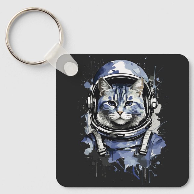 Blue Astronaut Cat Splash Design Key Ring (Front)