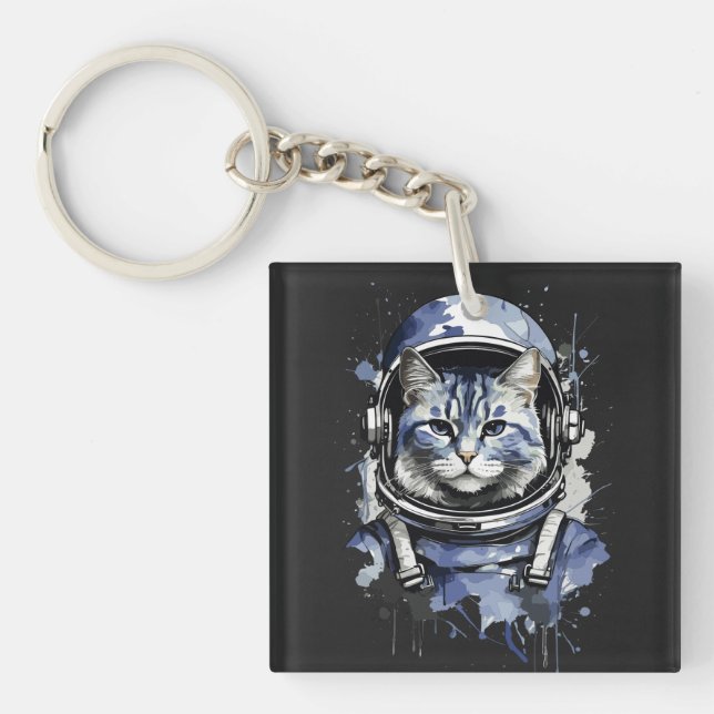 Blue Astronaut Cat Splash Design Key Ring (Front)