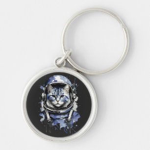 Blue Astronaut Cat Splash Design Key Ring