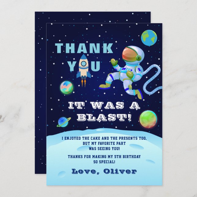 Blue Astronaut Earth Outer Space Birthday Thank You Card (Front/Back)