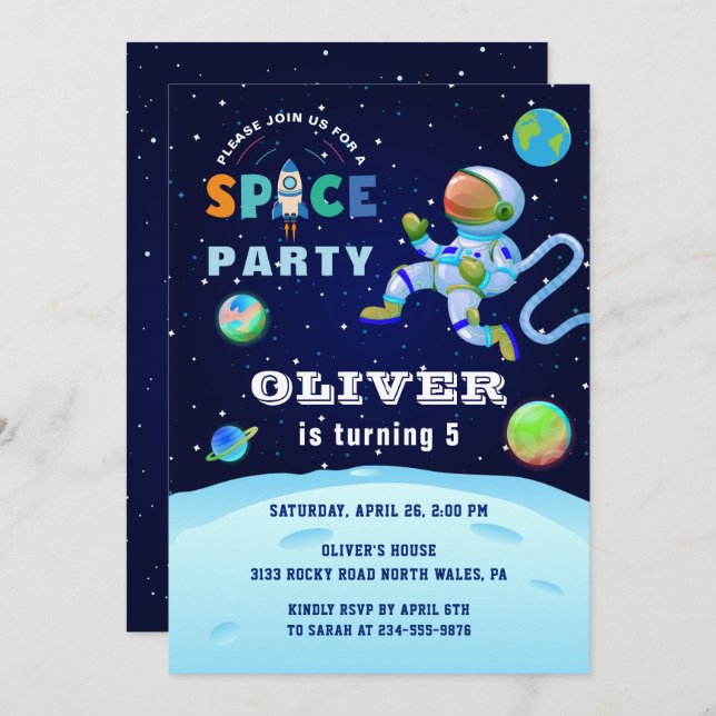 Blue Astronaut Galaxy Outer Space Party Birthday Invitation (Front/Back)