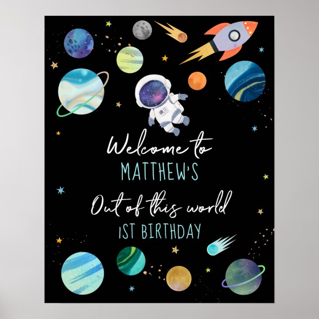 Blue Astronaut Outer Space Birthday Welcome Poster (Front)