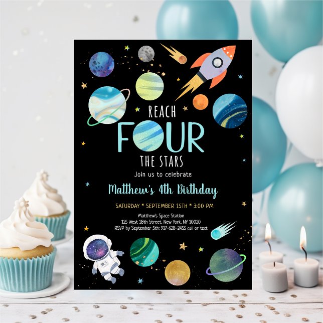 Blue Astronaut Outer Space Fourth Birthday Invitation (Creator Uploaded)