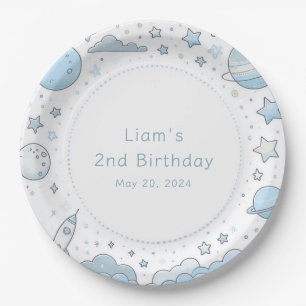 Blue Astronaut Outer Space Rocket Kids Birthday Paper Plate