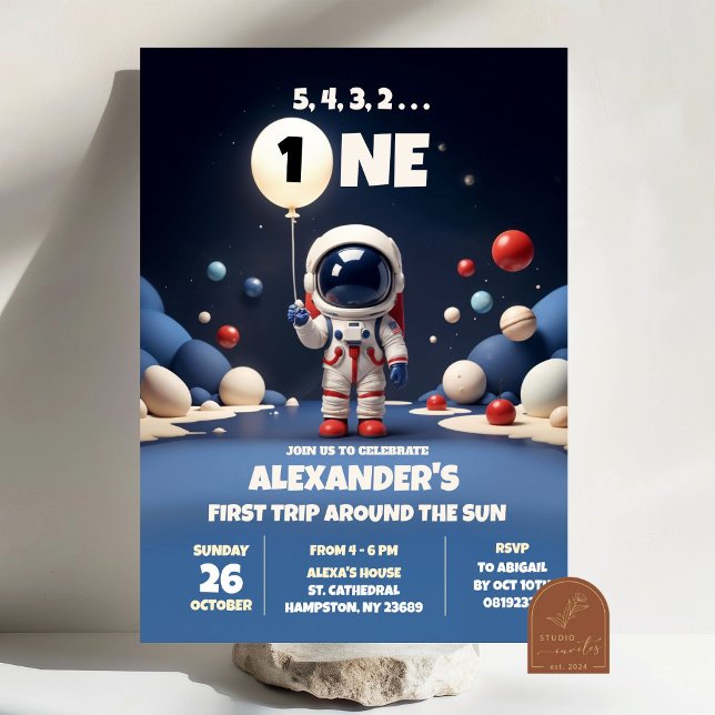 Blue Astronaut Outerspace First Birthday Boy Invitation (Creator Uploaded)