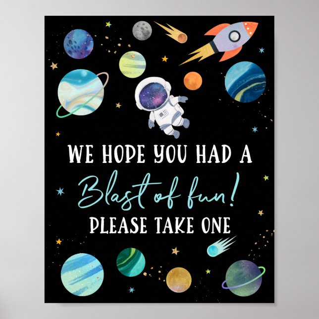 Blue Astronaut Space Blast of Fun Birthday Favour Poster (Front)