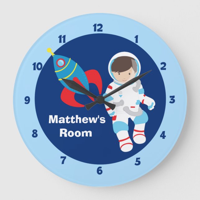 Blue Astronaut Spaceship Kids Large Clock (Front)