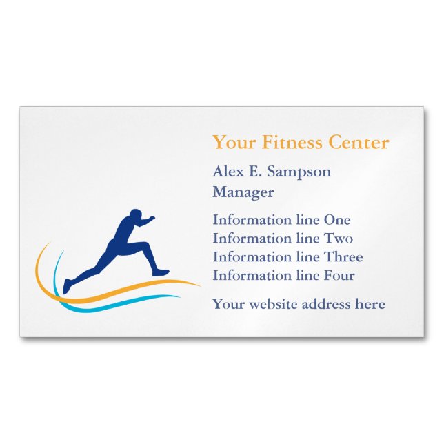 Blue Athlete Gold Swirl Fitness Magnetic Business Card (Front)
