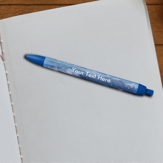 Blue Atlantic Ocean Waves Clouds Sky Photograph Black Ink Pen (Atlantic blue ocean with waves real photograph on writing pen.)