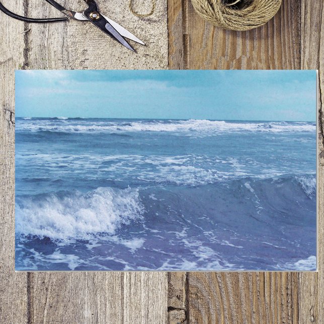 Blue Atlantic Ocean Waves Clouds Sky Photograph Tissue Paper (Photo of Atlantic blue ocean with crashing waves under blue sky on tissue wrapping paper.)