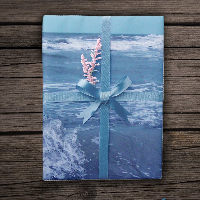 Blue Atlantic Ocean Waves Clouds Sky Photograph Wrapping Paper (Blue Atlantic Ocean blue skys white cap waves from real photo on roll of gift wrapping paper.)