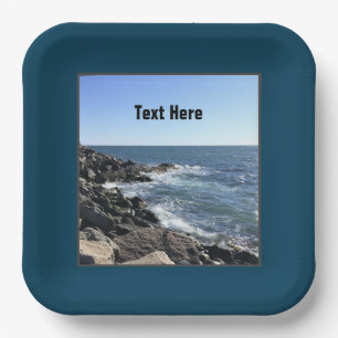 Blue Atlantic Ocean Wavy Rocky Seashore Coastal Paper Plate
