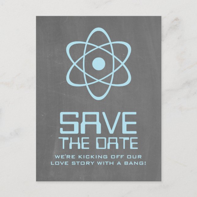 Blue Atomic Chalkboard Save the Date Postcard (Front)